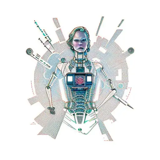 westworld season 3 poster-like, a robot falling with a cityscape in the background, cybercore sigils and tribal lines tattoo design idea