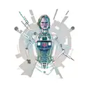 westworld season 3 poster-like, a robot falling with a cityscape in the background, cybercore sigils and tribal lines tattoo design idea