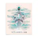 westworld season 3 poster-like, a robot falling with a cityscape in the background, cybercore sigils and tribal lines tattoo design idea