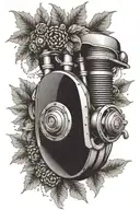 A detailed motorcycle engine surrounded by a wreath of oak leaves and acorns, symbolizing strength and endurance tattoo design idea
