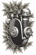 A detailed motorcycle engine surrounded by a wreath of oak leaves and acorns, symbolizing strength and endurance tattoo design idea