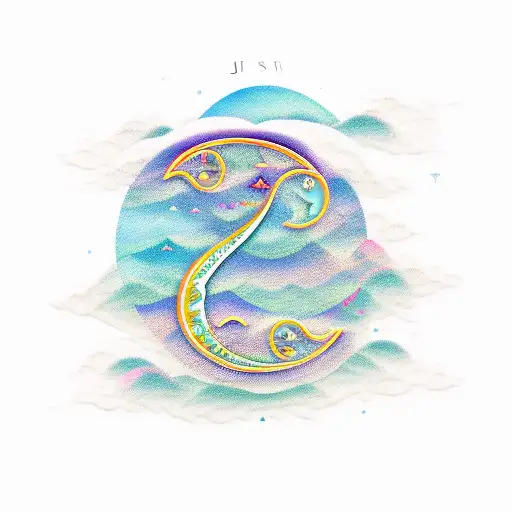 cursive font of "j" and "s" with moon, sea and palm tattoo design idea