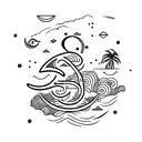 cursive font of "j" and "s" with moon, sea and palm tattoo design idea
