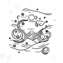 cursive font of "j" and "s" with moon, sea and palm tattoo design idea