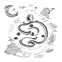 cursive font of "j" and "s" with moon, sea and palm tattoo design idea