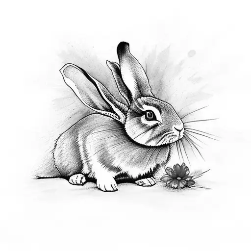 rabbit with red flowers aquarelle watching back tattoo design idea