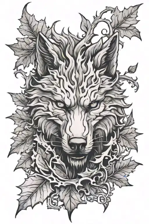 oak leaves devil iron wolf  tattoo design idea