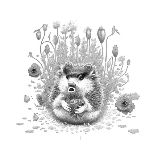 Motanka doll in Ukrainian style, cannabis grows around and hedgehogs in red poppies are dancing tattoo design idea