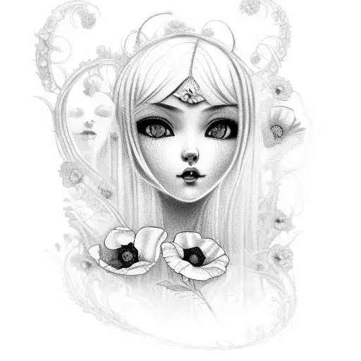 Motanka doll in Ukrainian style with red poppies growing around tattoo design idea