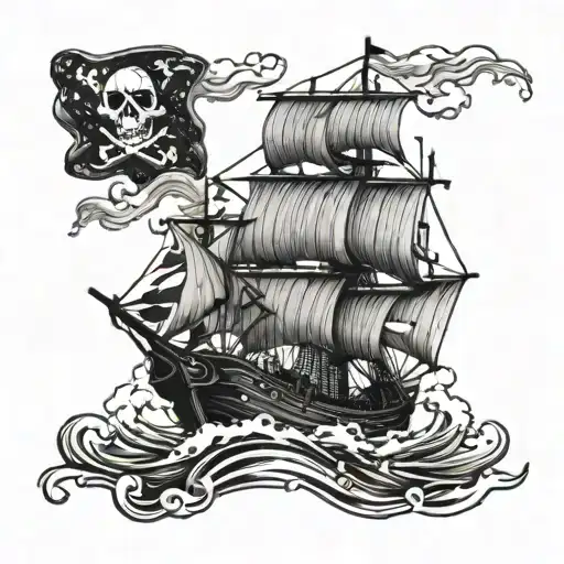 A pirate ship sailing through stormy seas, with a skull and crossbones flag flying high tattoo design idea