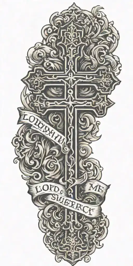 The words "Lord have mercy on me a sinner" with orthodox cross tattoo design idea
