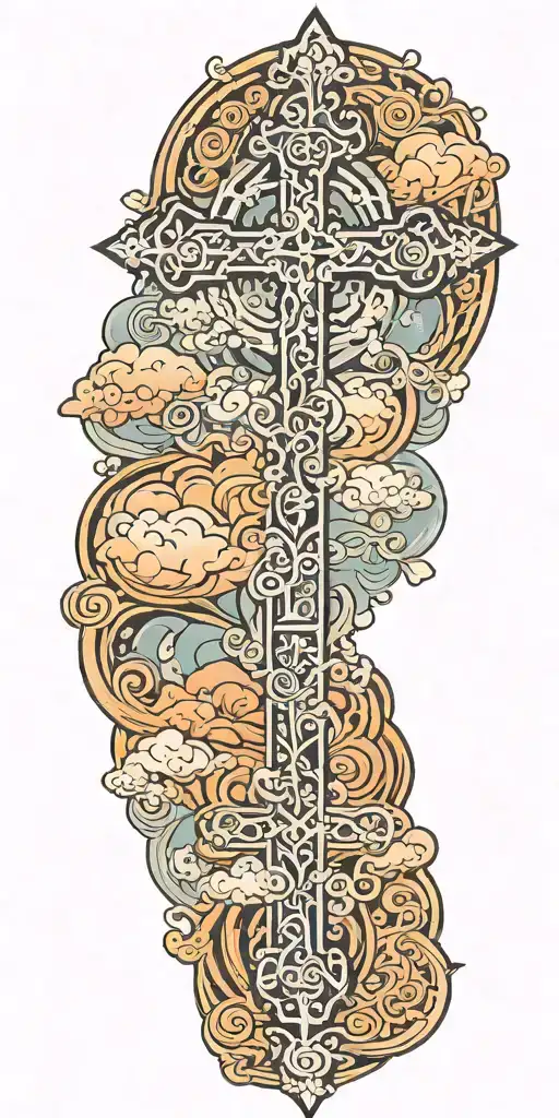 Orthodox cross over clouds surrounding them tattoo design idea