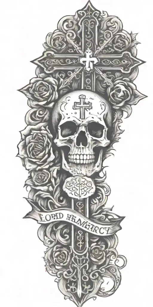 The words "Lord have mercy on me a sinner" with orthodox cross and skull  tattoo design idea