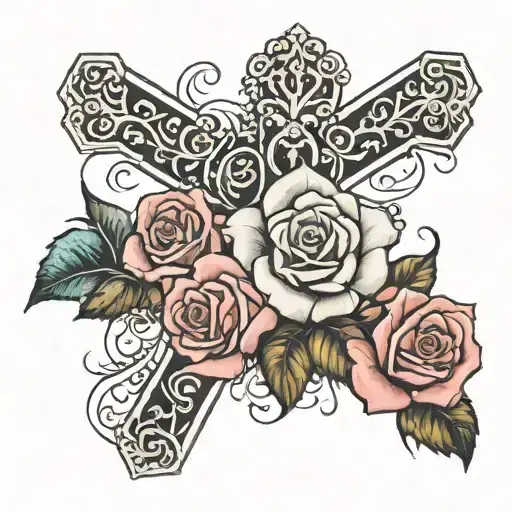 cross and 3 roses under it tattoo design idea