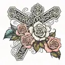 cross and 3 roses under it tattoo design idea