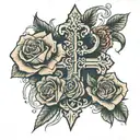 cross and 3 roses under it tattoo design idea