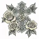 cross and 3 roses under it tattoo design idea