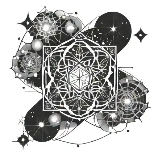 A tattoo design featuring Plejádok (Pleiades) constellation intertwined with sacred geometry elements, symbolizing spirituality and harmony tattoo design idea