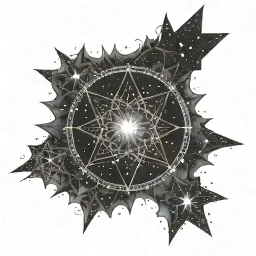 A constellation of Pleiades stars forming a mandala with spiritual symbols tattoo design idea