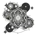 A tattoo design featuring Plejádok (Pleiades) constellation intertwined with sacred geometry elements, symbolizing spirituality and harmony tattoo design idea