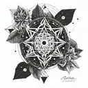 A tattoo design featuring Plejádok (Pleiades) constellation intertwined with sacred geometry elements, symbolizing spirituality and harmony tattoo design idea