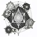 A tattoo design featuring Plejádok (Pleiades) constellation intertwined with sacred geometry elements, symbolizing spirituality and harmony tattoo design idea