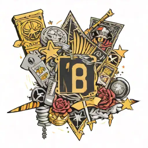 Money, banknotes, gold bars, coal, sand, crushed stone, drugs, cocaine, razor, blade, stars, whores, girls, erotica tattoo design idea