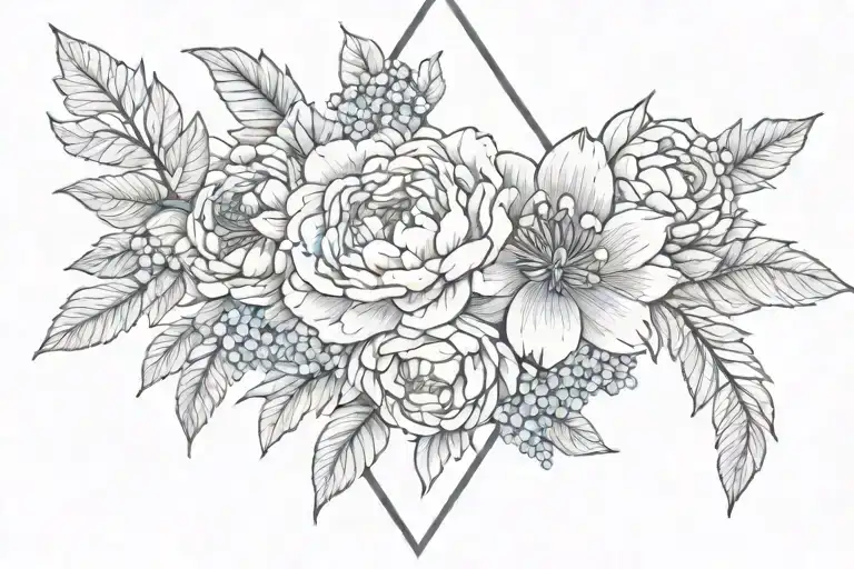 peonies, bush roses, forget-me-nots and many leaves on the whole back and shoulders, triangular composition tattoo design idea