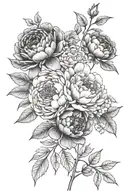 peonies, bush roses, forget-me-nots and lots of leaves tattoo design idea