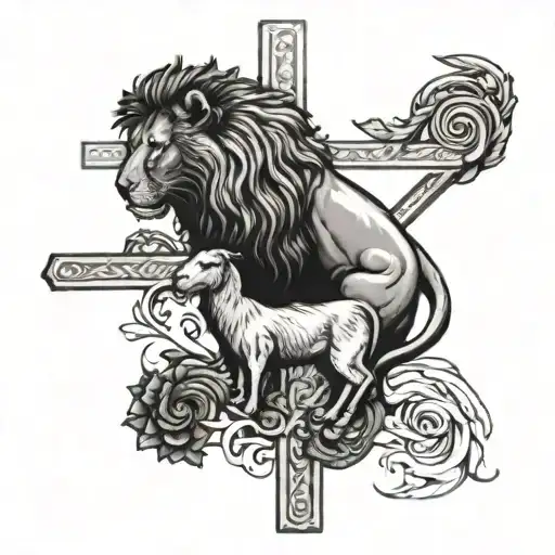 A cross with a lion and lamb intertwined, representing the balance of strength and gentleness tattoo design idea