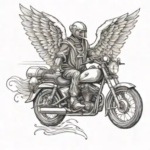 An angelic figure on a motorcycle, with a cross in the background, representing protection and faith tattoo design idea
