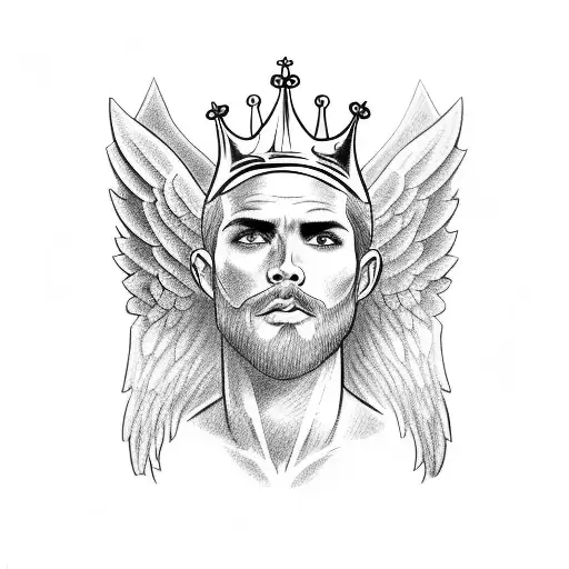 full body man angel tattoo holding a camera and a king crown  tattoo design idea