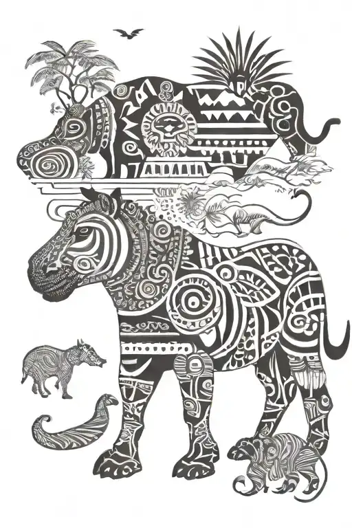 collage of animals from the African savannah including the hippopotamus tattoo design idea