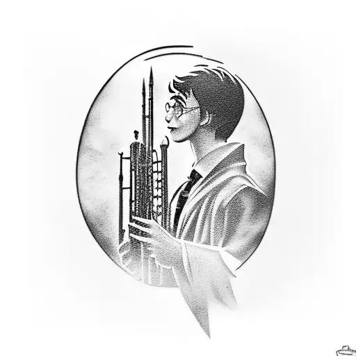A silhouette of Harry Potter playing the clarinet against a backdrop of Hogwarts tattoo design idea