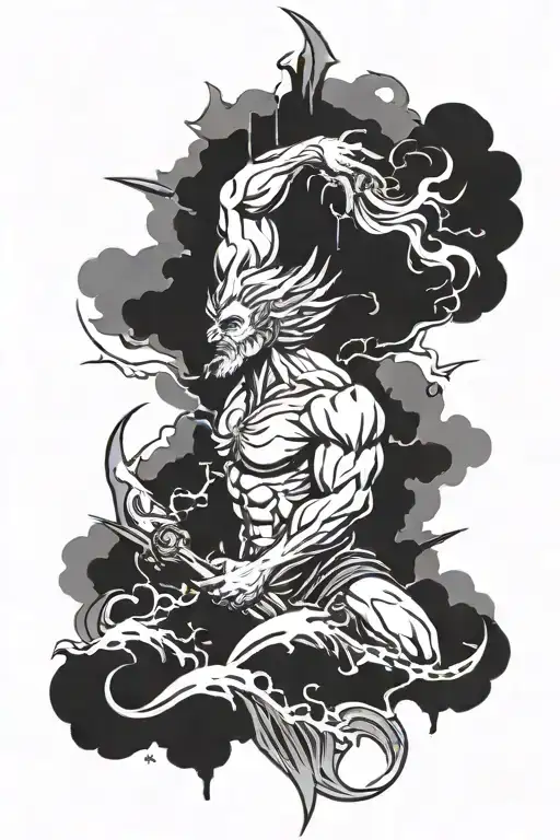 triton with storm clouds and lighning bolt tattoo design idea