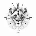 lion with broken clock underneath and rose underneath  tattoo design idea