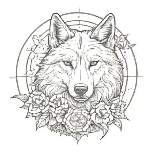 a wolf's head with a narcissus flower crown and a full moon as a compass behind it  tattoo design idea