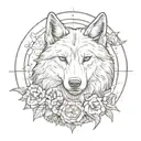 a wolf's head with a narcissus flower crown and a full moon as a compass behind it  tattoo design idea