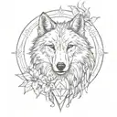 a wolf's head with a narcissus flower crown and a full moon as a compass behind it  tattoo design idea