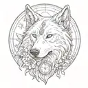 a wolf's head with a narcissus flower crown and a full moon as a compass behind it  tattoo design idea