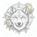 a wolf's head with a narcissus flower crown and a full moon as a compass behind it  tattoo design idea