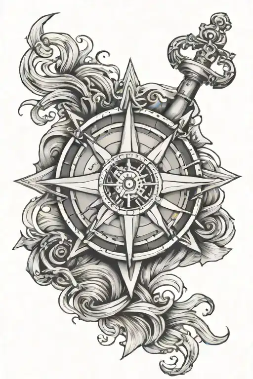 navy crown anchor and compass surrounded by sea waves tattoo design idea