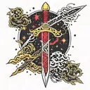 a flaming sword with ruby red fire, stars and constellations that look like jewels and gold exaggerated lightning bolts  tattoo design idea