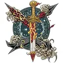 a flaming sword with ruby red fire, stars and constellations that look like jewels and gold exaggerated lightning bolts  tattoo design idea