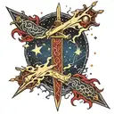 a flaming sword with ruby red fire, stars and constellations that look like jewels and gold exaggerated lightning bolts  tattoo design idea