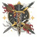 a flaming sword with ruby red fire, stars and constellations that look like jewels and gold exaggerated lightning bolts  tattoo design idea
