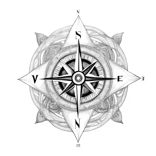 An intricate design of a compass intertwined with vines and a bottle of champagne tattoo design idea