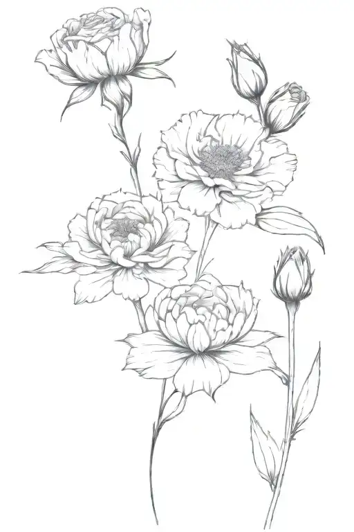 three flowers of carnation, rose, and aster, s h calligraphy tattoo design idea