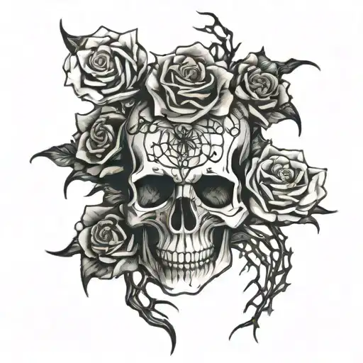 Skull and spiders and roses intertwined tattoo design idea
