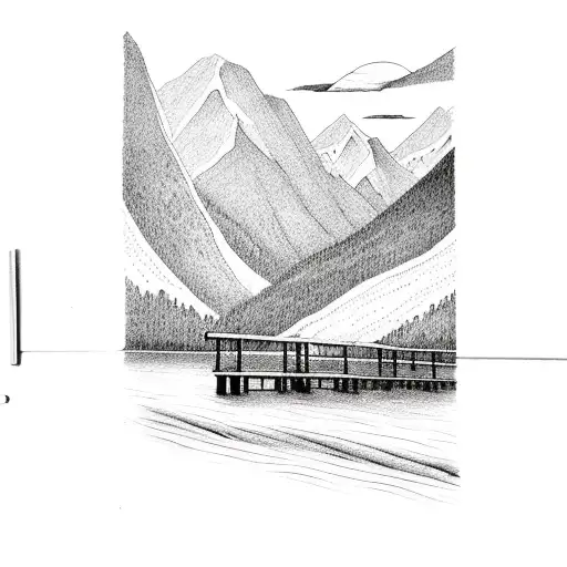 Dock leading straight into river with mountains in distance tattoo design idea